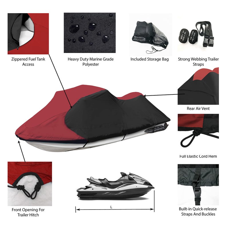 JETPRO Trailerable Jet Ski Cover, Waterproof Marine Grade 600D Heavy Duty Polyester PWC Cover Burgundy/Black Fits from 136"-145" 3 Seater - Image 2